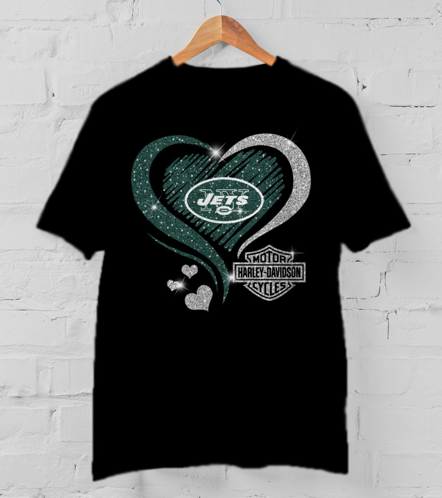New York Jets Heart Harley Davidson Motor Cycles T-Shirt