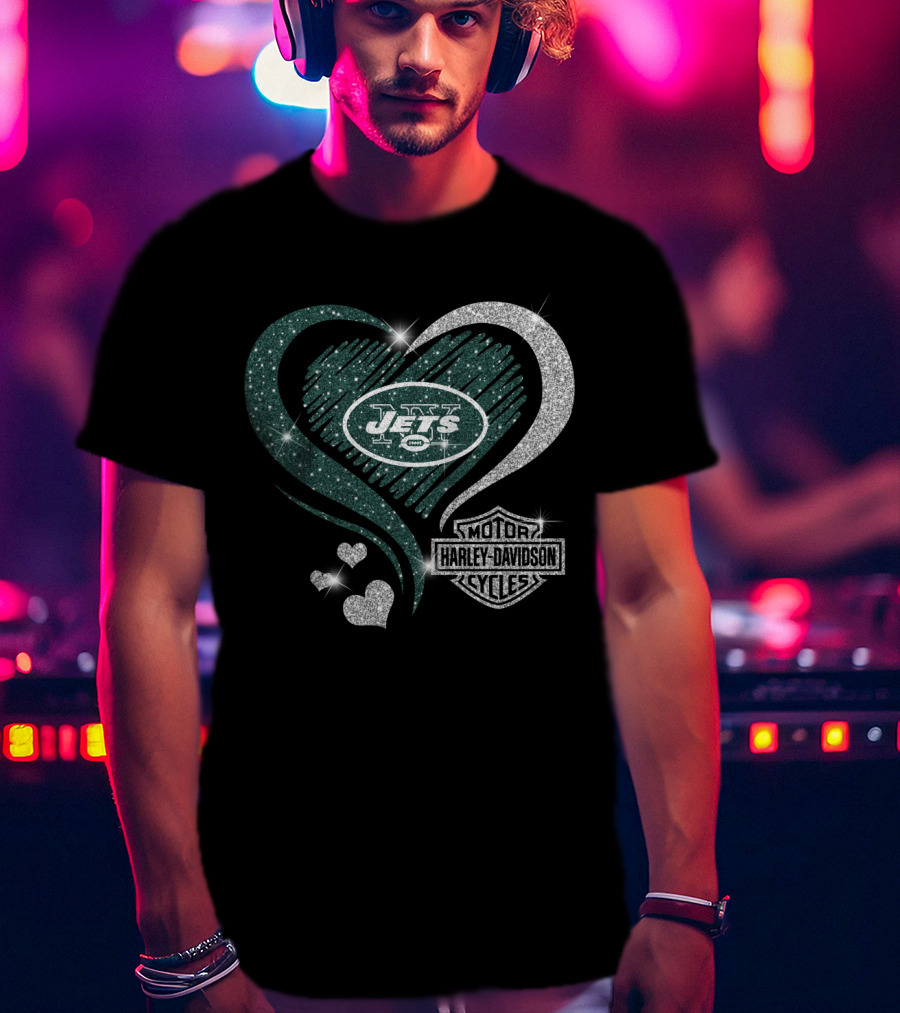 New York Jets Heart Harley Davidson Motor Cycles T-Shirt