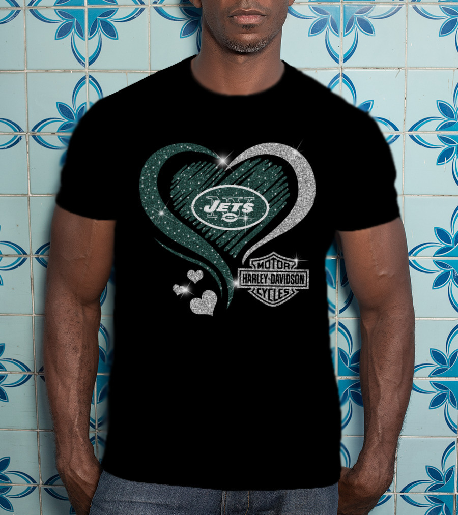 New York Jets Heart Harley Davidson Motor Cycles T-Shirt