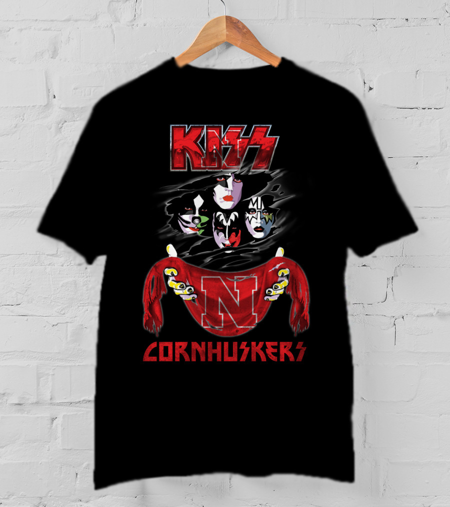 KISS Rock Band Faces With Nebraska Cornhuskers Red Scarf T-Shirt