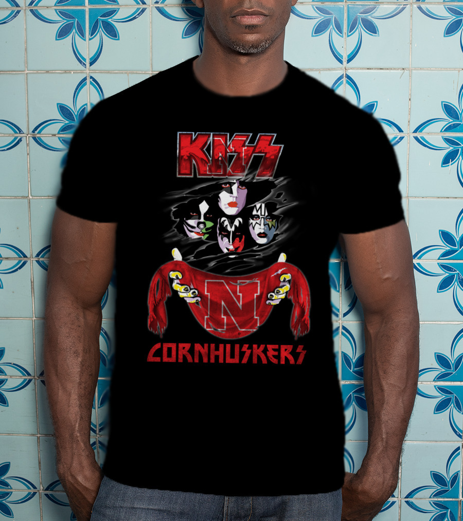 KISS Rock Band Faces With Nebraska Cornhuskers Red Scarf T-Shirt