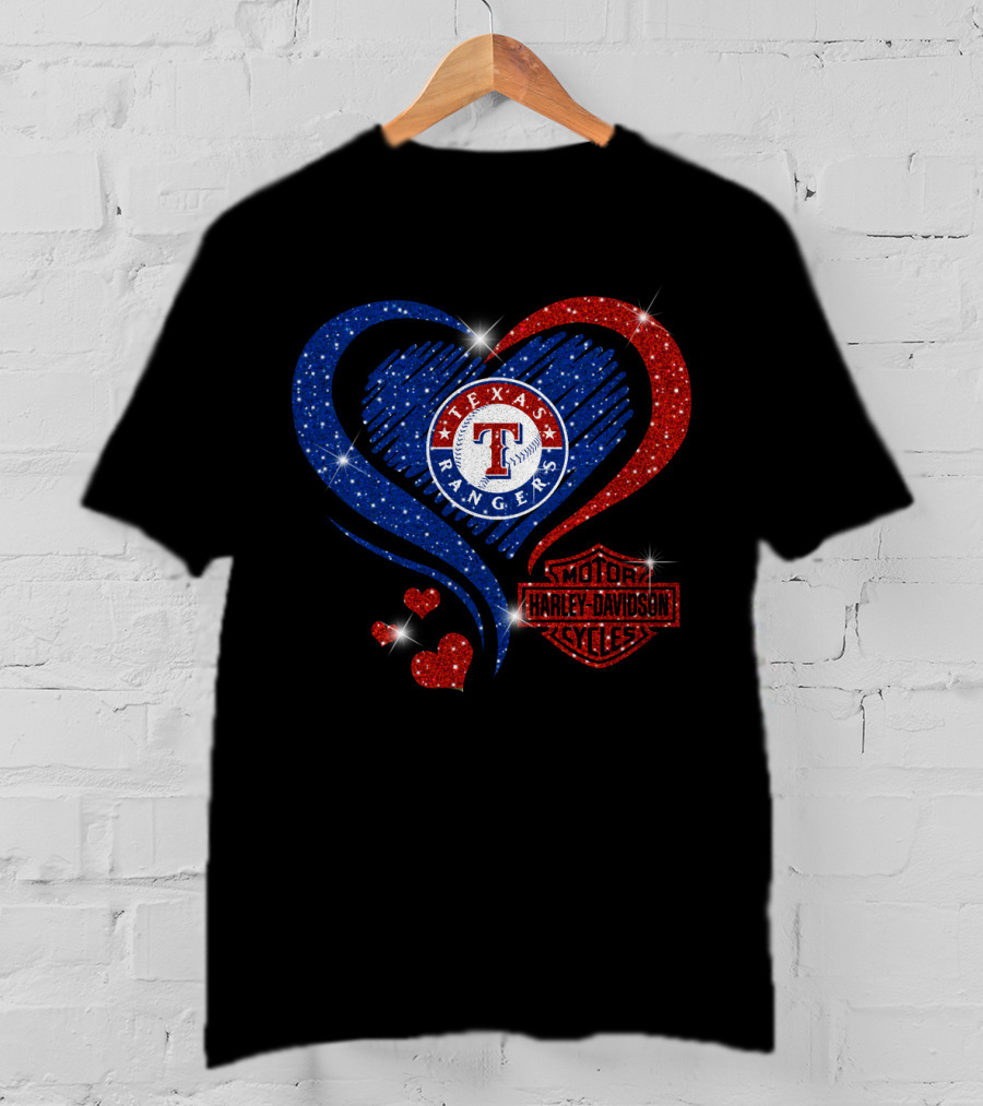 Texas Rangers Harley Davidson Heart Glitter T-Shirt