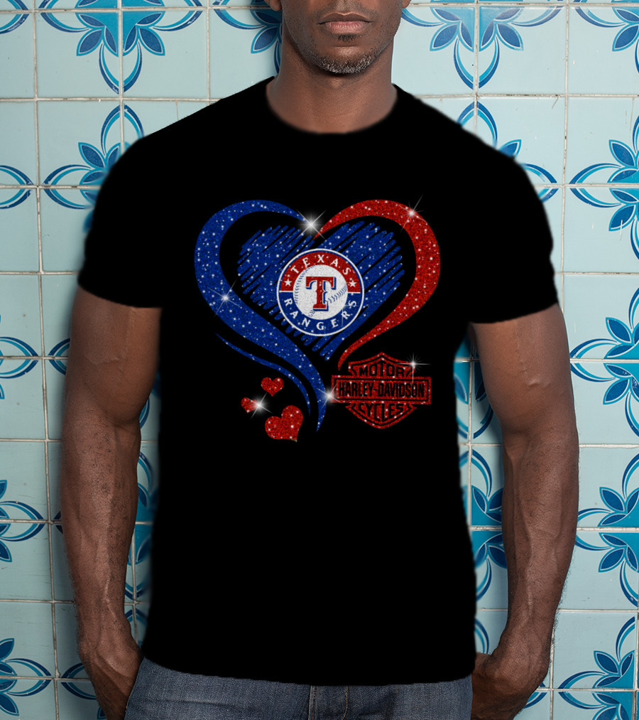 Texas Rangers Harley Davidson Heart Glitter T-Shirt
