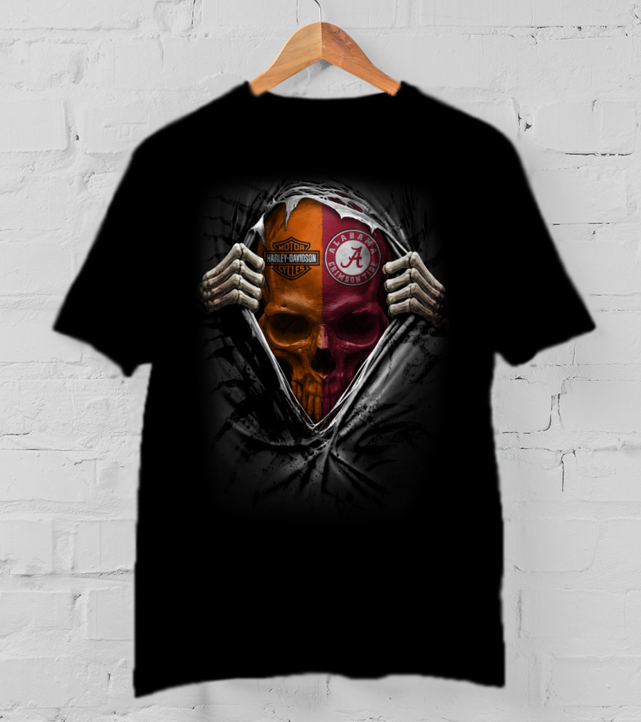 Alabama Crimson Tide Harley Davidson Dual Skull Motif T-Shirt