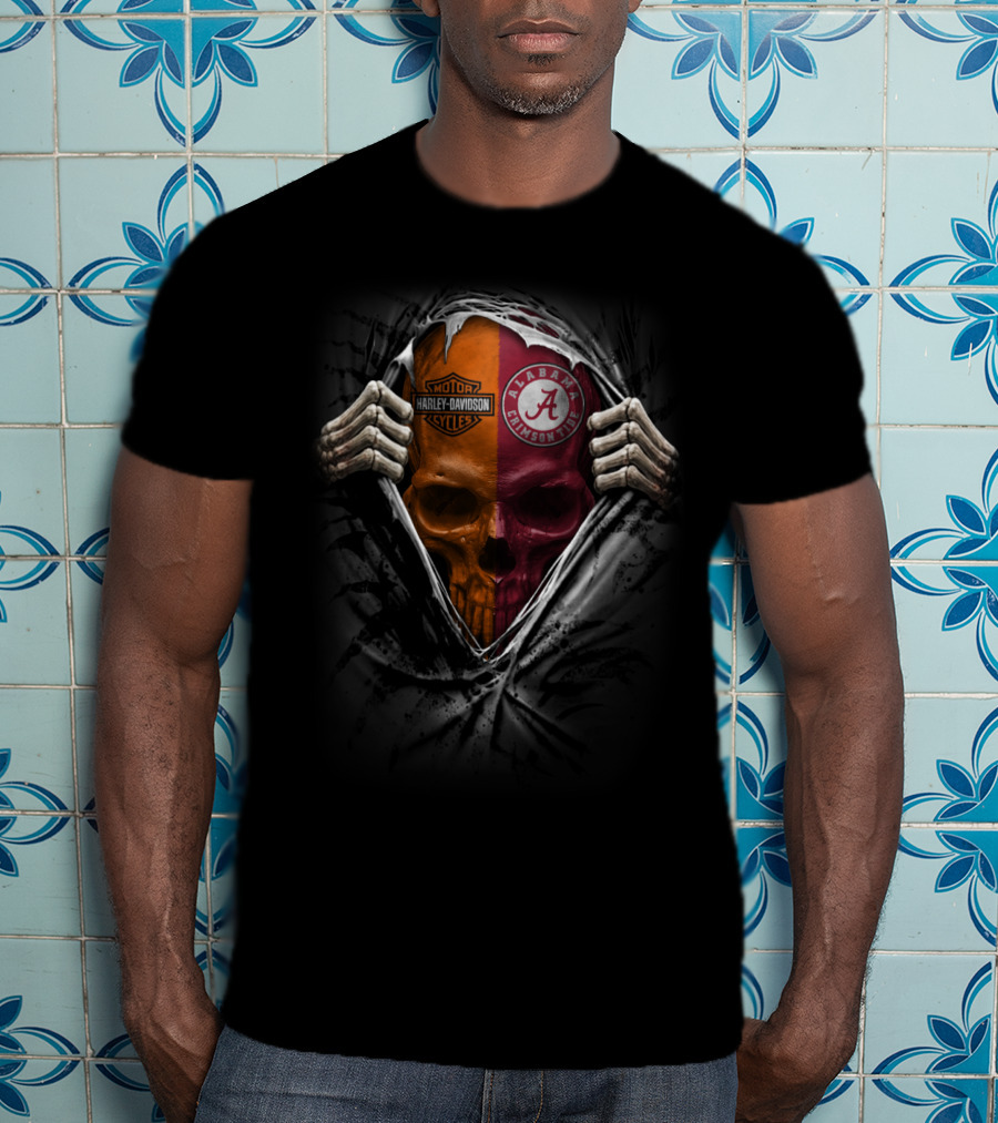 Alabama Crimson Tide Harley Davidson Dual Skull Motif T-Shirt