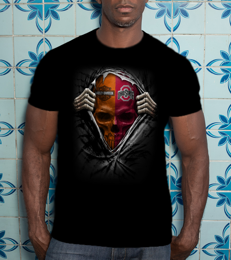 Ohio State Buckeyes Ncaa Harley Davidson Skull T-Shirt