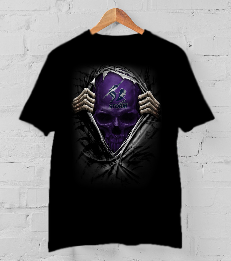 XA NRL Melbourne Storm Skull With Logo And Skeleton Hands T-Shirt