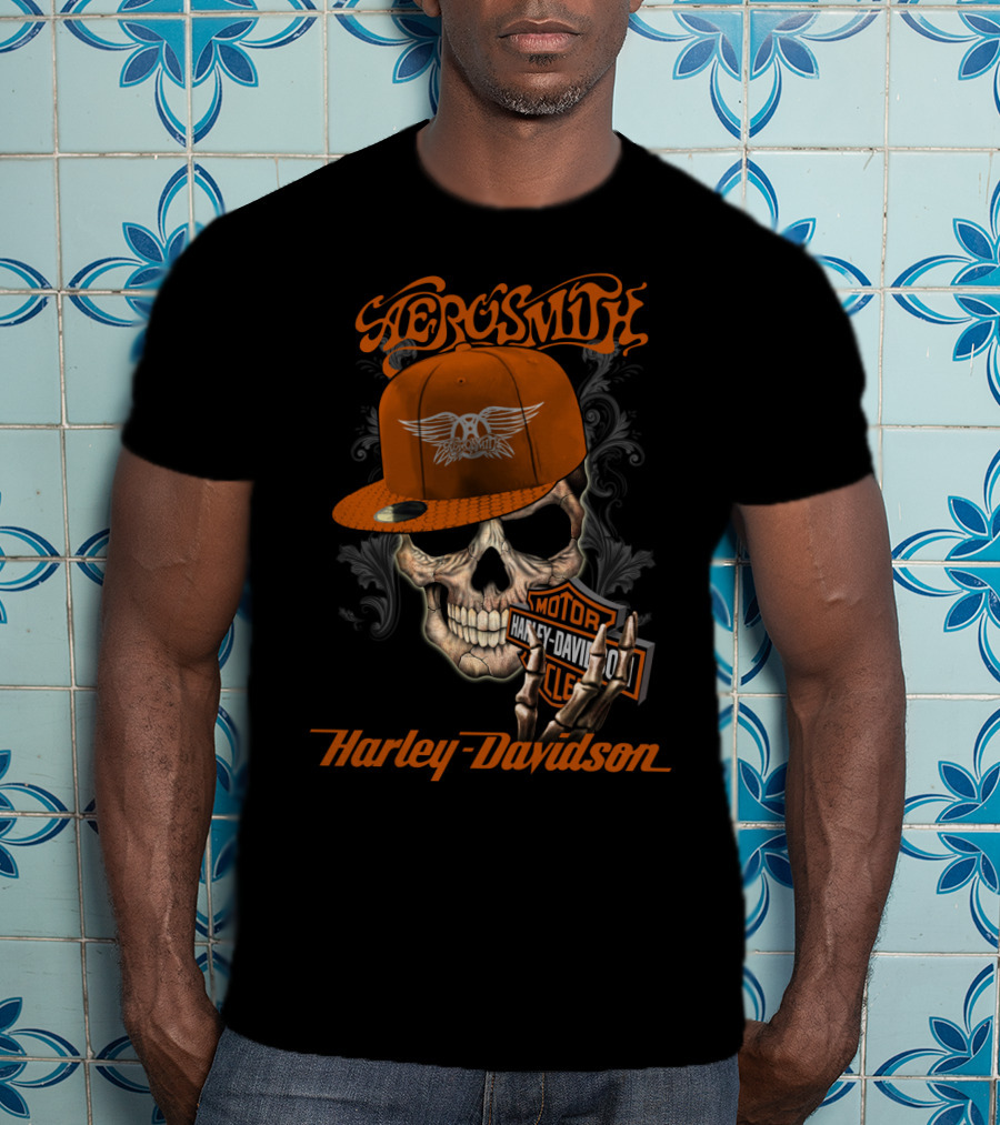 Aerosmith Harley Davidson Skull With Cap T-Shirt