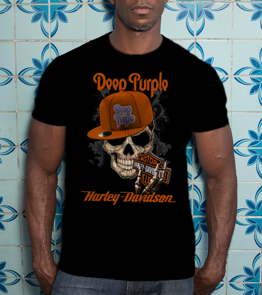 Deep Purple Harley Davidson Skull With Orange Hat T-Shirt