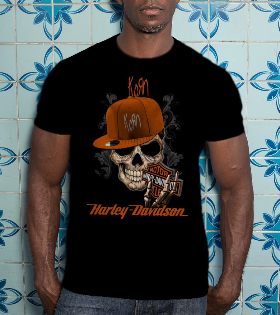 Korn Harley Davidson Skull With Orange Cap T-Shirt