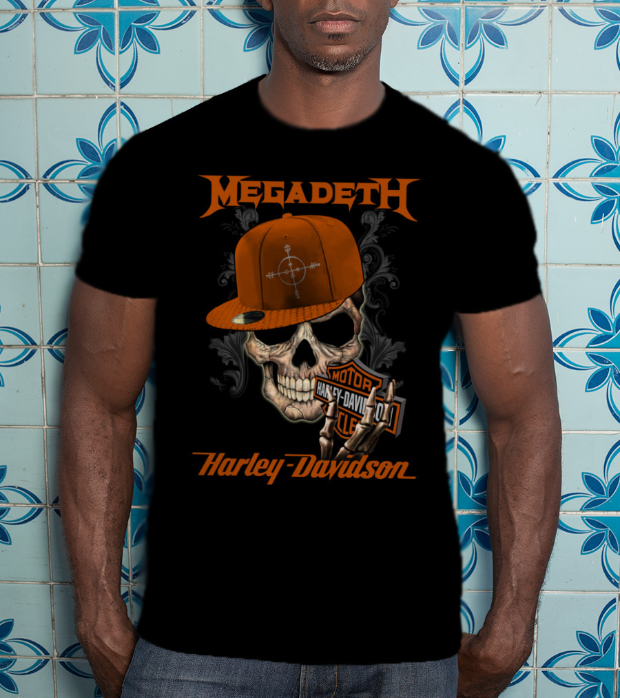 Megadeth Harley Davidson Skull With Cap And Motor T-Shirt