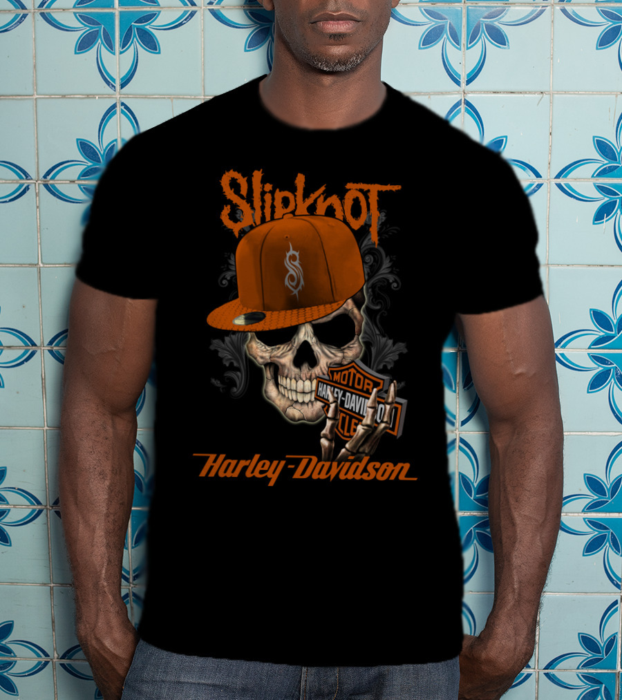 Slipknot Harley Davidson Skull With Orange Cap T-Shirt