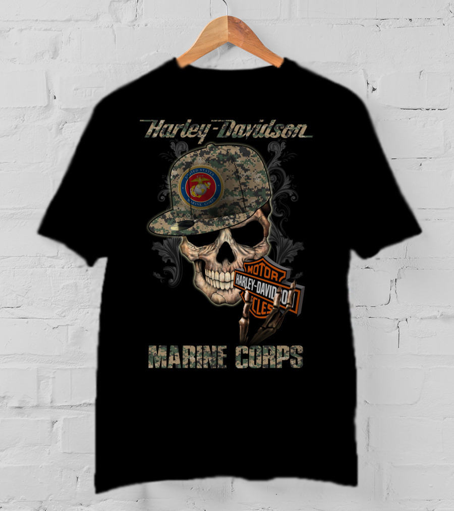 Harley Davidson Marine Corps Skull With Camo Cap T-Shirt