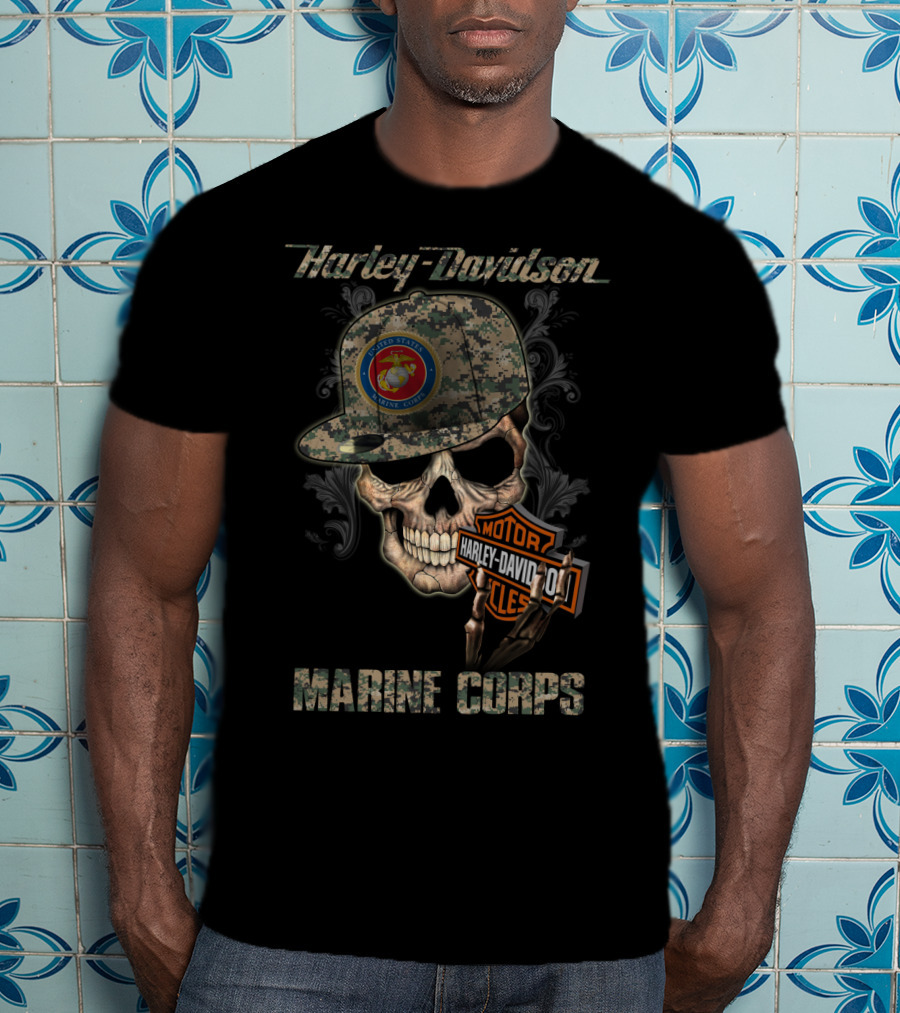 Harley Davidson Marine Corps Skull With Camo Cap T-Shirt