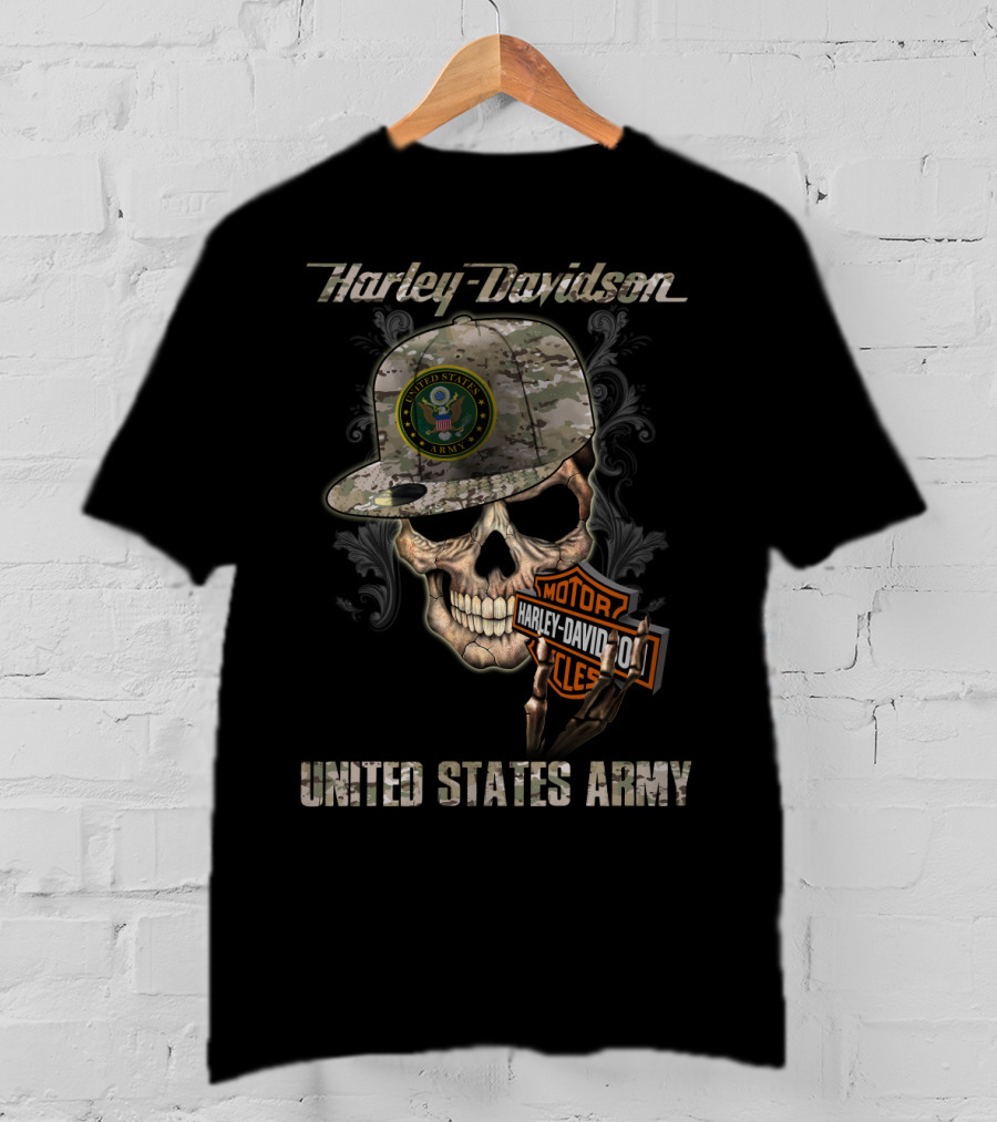 Harley Davidson United States Army Skull With Camo Cap And Motorcycles Badge T-Shirt