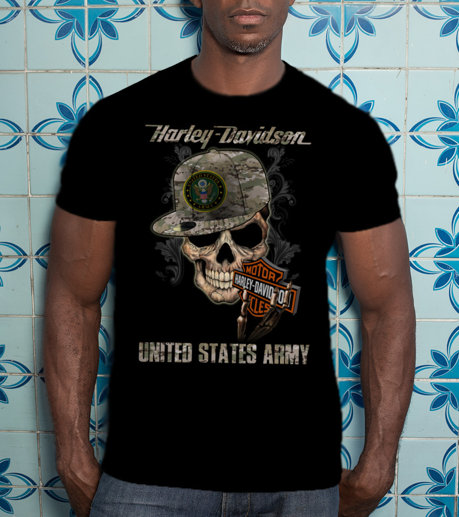 Harley Davidson United States Army Skull With Camo Cap And Motorcycles Badge T-Shirt
