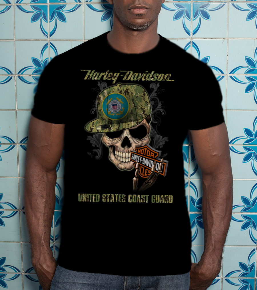Harley Davidson United States Coast Guard Skull With Camo Cap T-Shirt