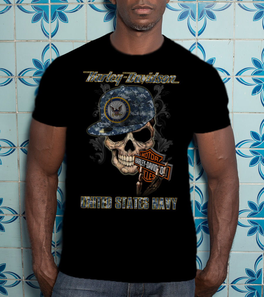 Harley Davidson United States Navy Skull With Camo Cap And Eagle T-Shirt