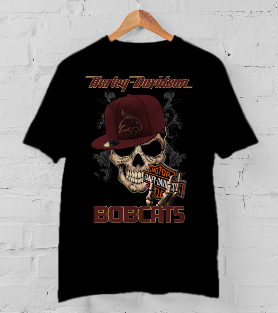 Harley Davidson Bobcats Skull With Texas State Emblem And Cap T-Shirt