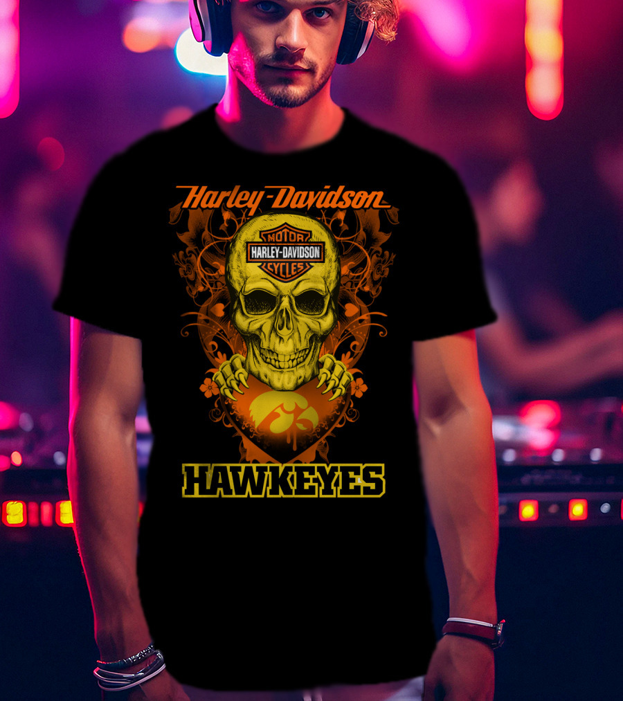 Harley Davidson Motor Cycles Skull Iowa Hawkeyes T-Shirt