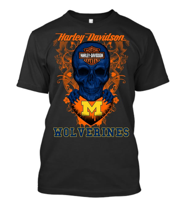 Harley Davidson Motor Cycles Skull Michigan Wolverines T-Shirt