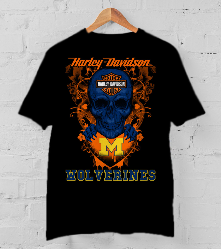 Harley Davidson Motor Cycles Skull Michigan Wolverines T-Shirt