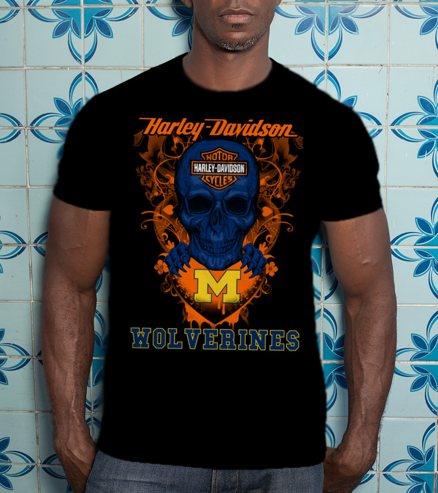 Harley Davidson Motor Cycles Skull Michigan Wolverines T-Shirt