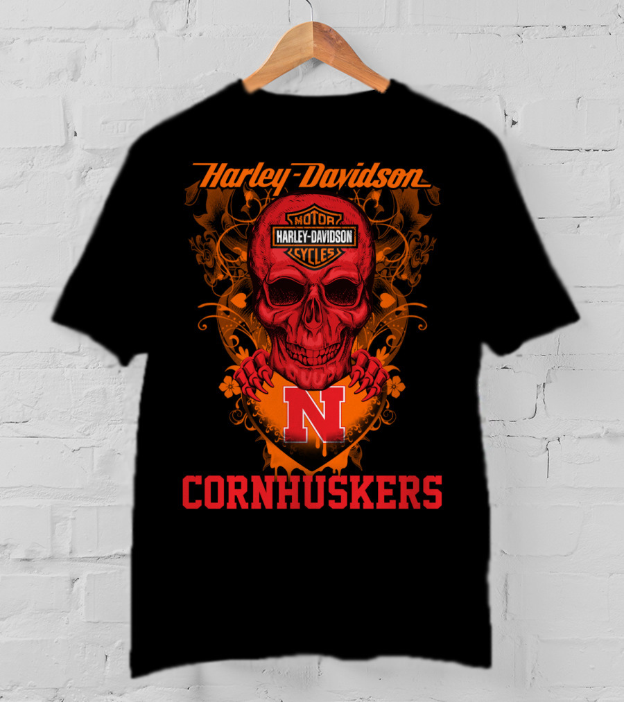 Harley Davidson Motor Cycles Nebraska Cornhuskers Skull T-Shirt
