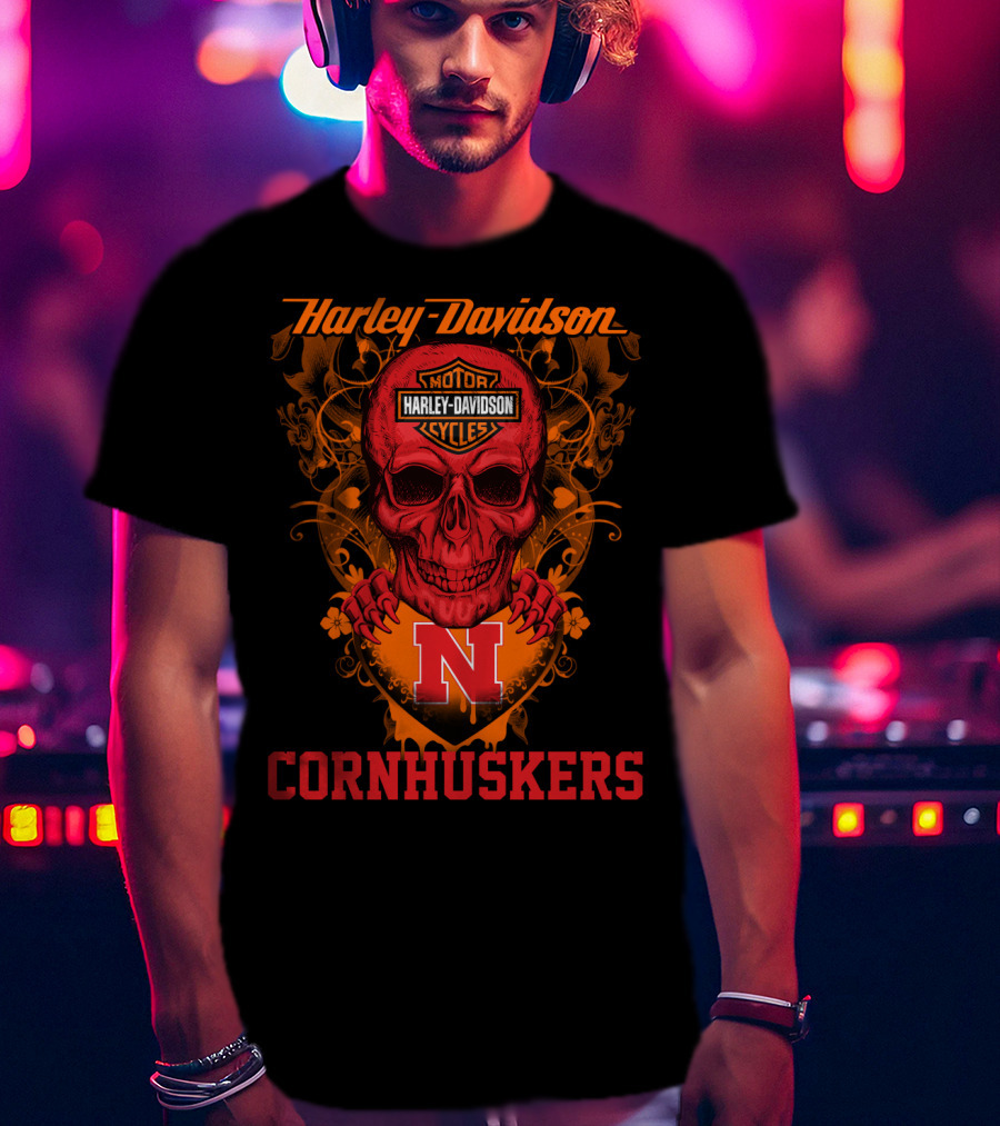 Harley Davidson Motor Cycles Nebraska Cornhuskers Skull T-Shirt