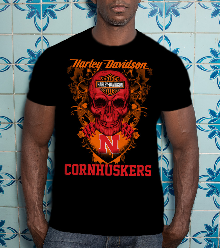 Harley Davidson Motor Cycles Nebraska Cornhuskers Skull T-Shirt