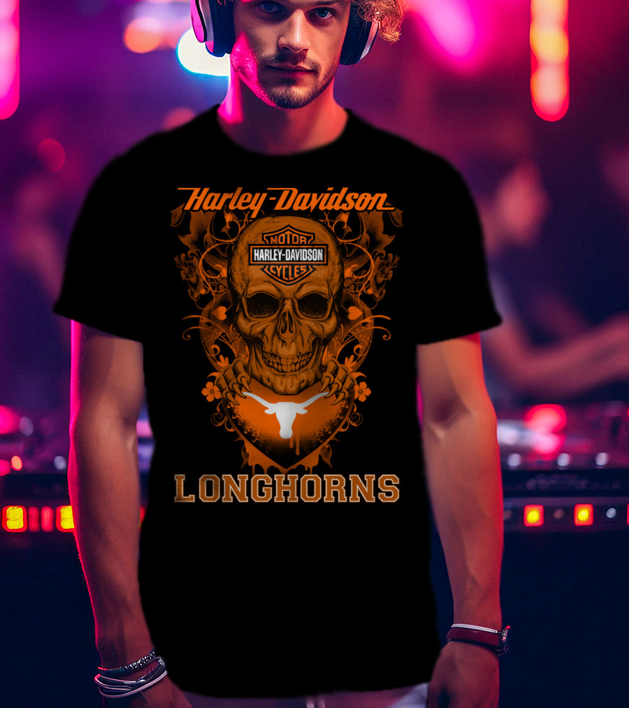 Harley Davidson Motor Cycles Skull Texas Longhorns T-Shirt