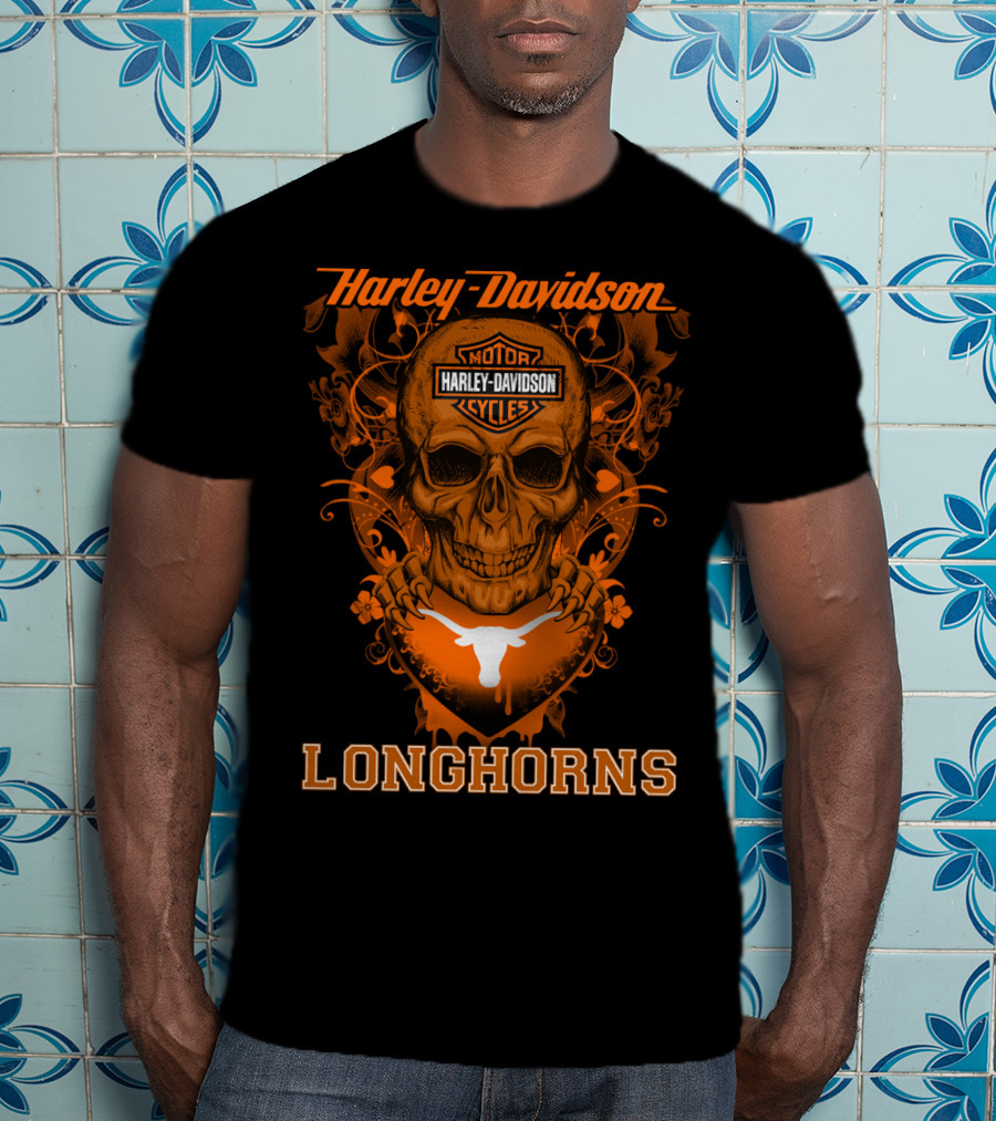 Harley Davidson Motor Cycles Skull Texas Longhorns T-Shirt