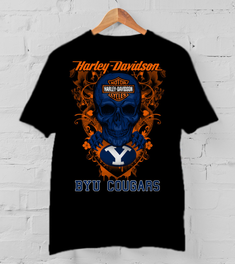 Harley Davidson Blue Skull With Byu Cougars T-Shirt