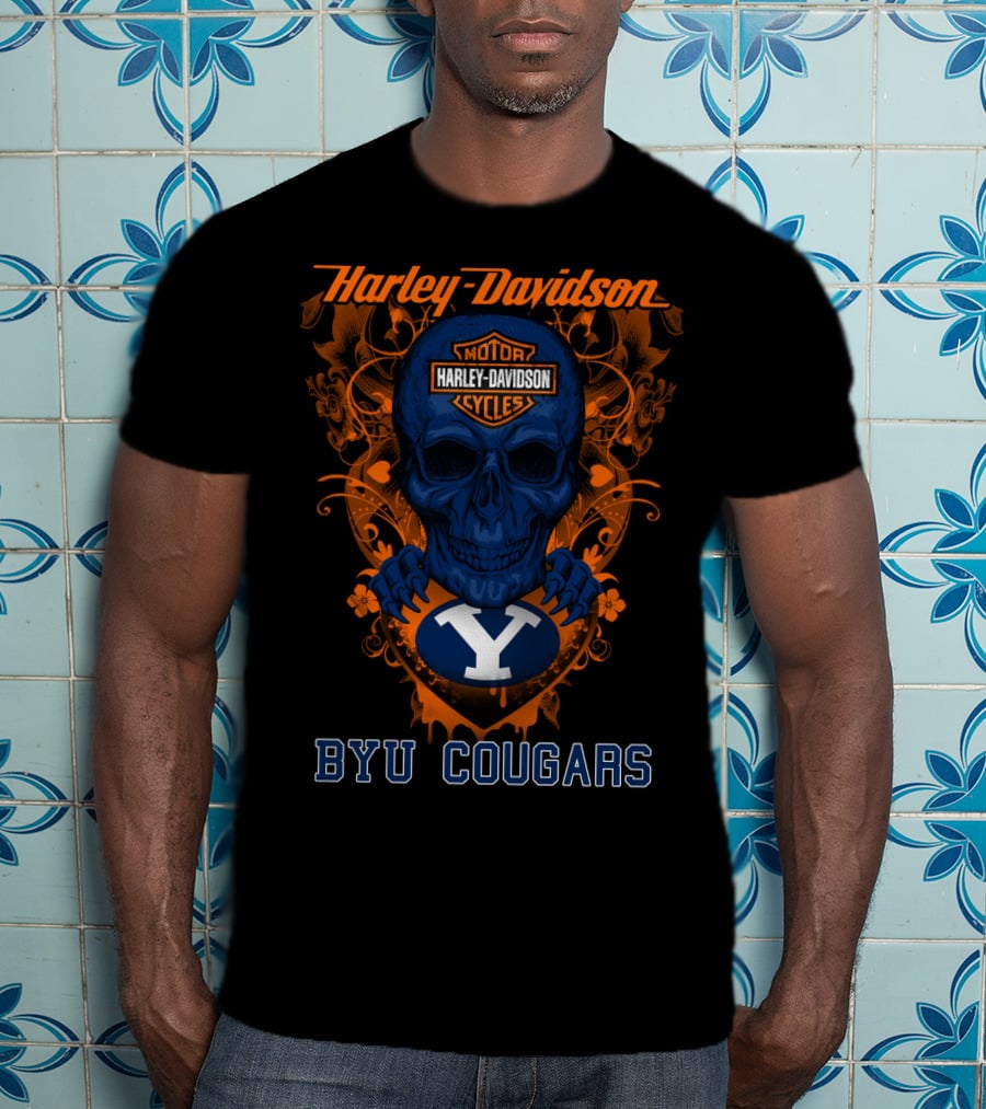 Harley Davidson Blue Skull With Byu Cougars T-Shirt