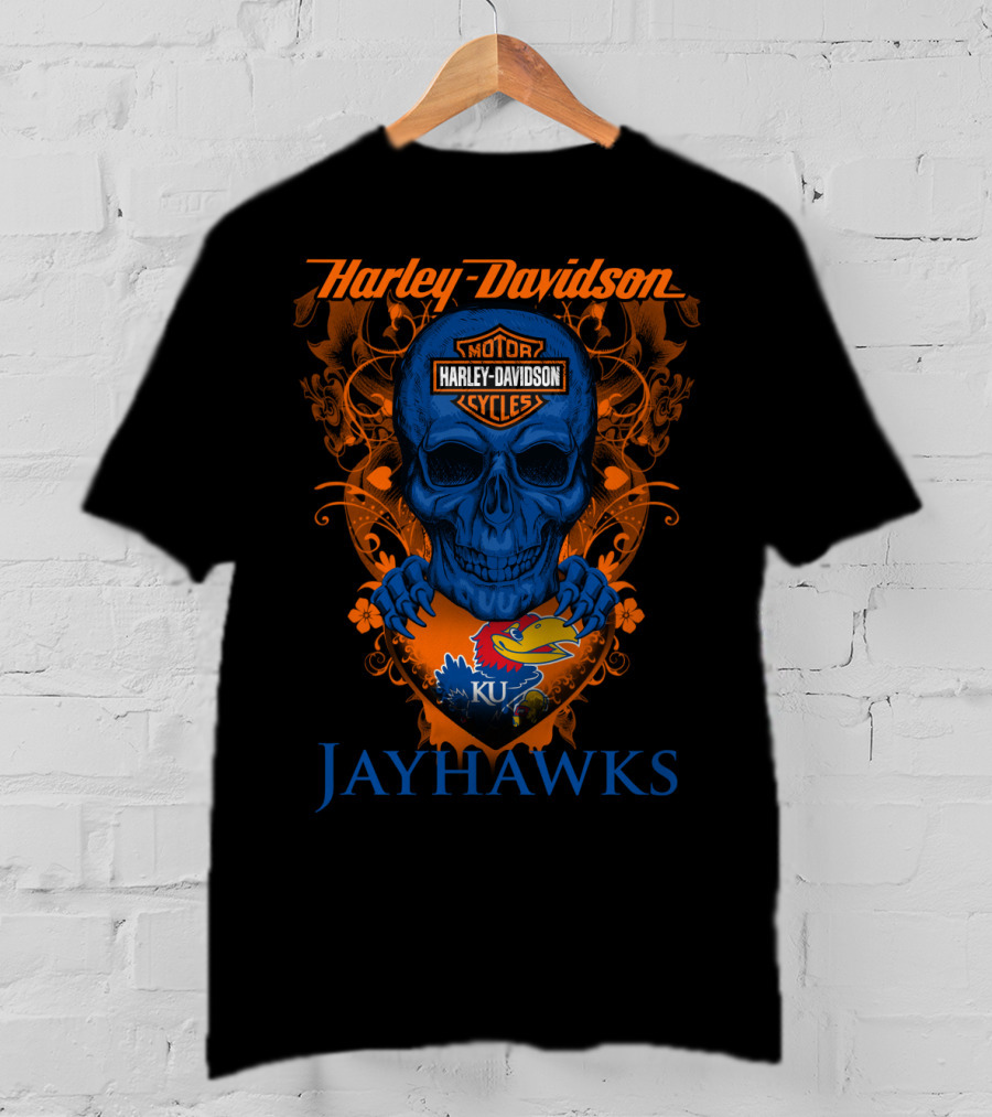 Harley Davidson Motor Cycles Skull Kansas Jayhawks Ku T-Shirt