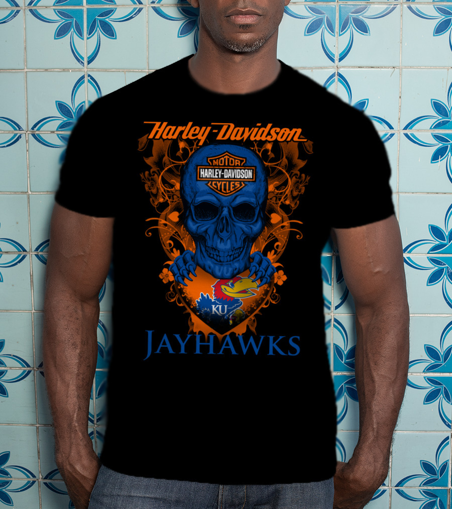 Harley Davidson Motor Cycles Skull Kansas Jayhawks Ku T-Shirt