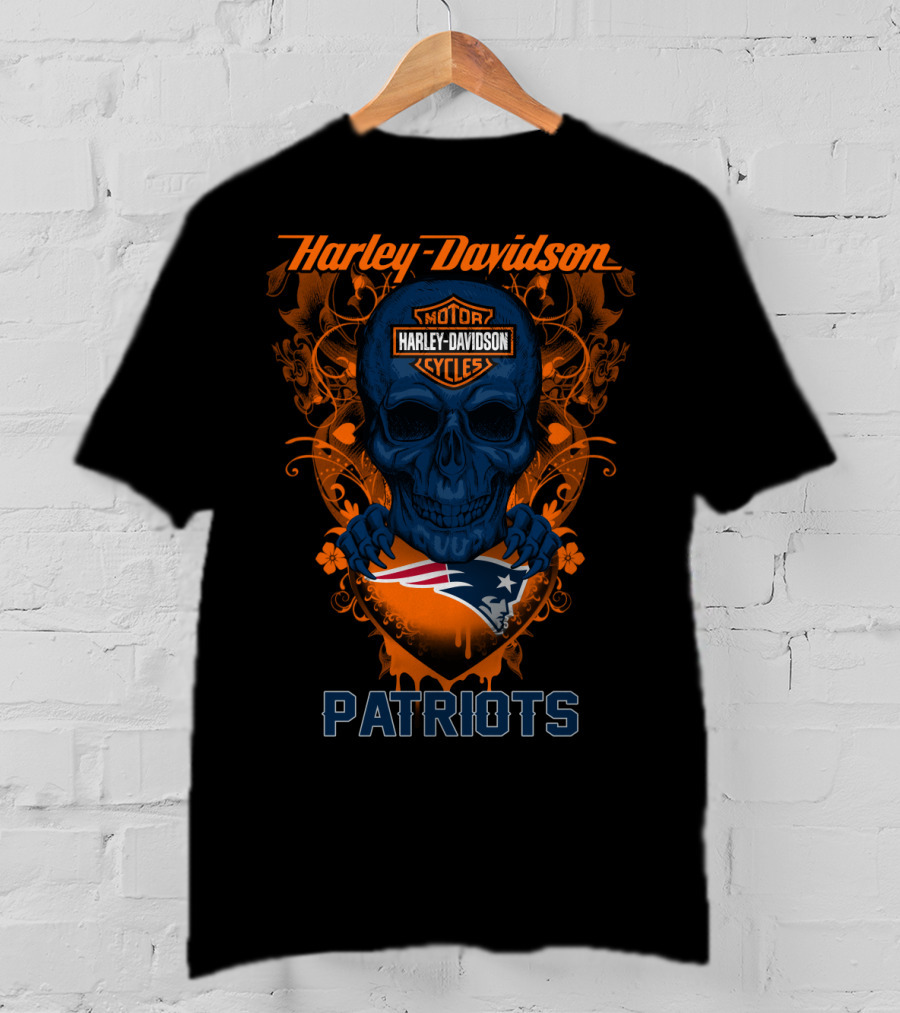 Harley Davidson Motorcycles Skull New England Patriots T-Shirt