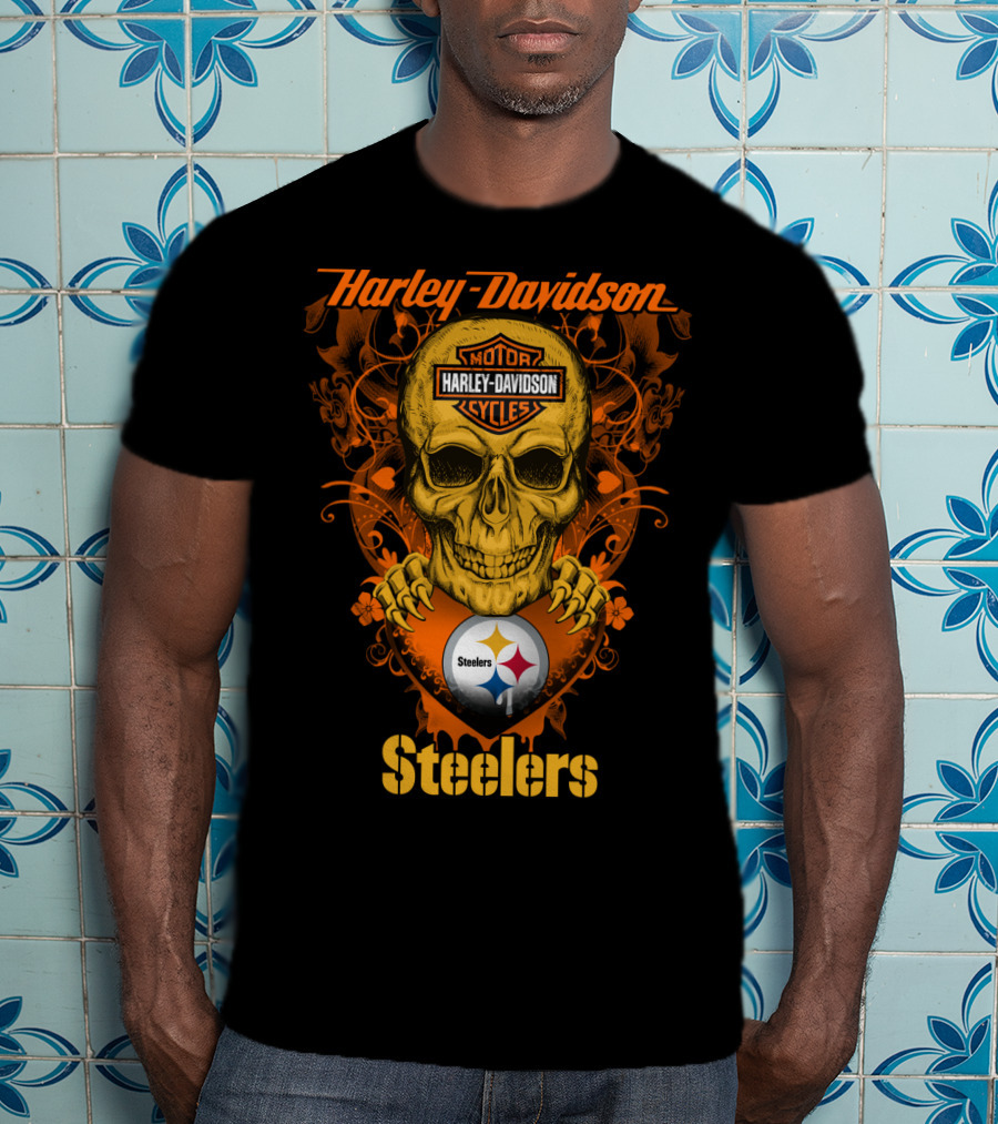 Harley Davidson Motorcycles Skull With Pittsburgh Steelers T-Shirt