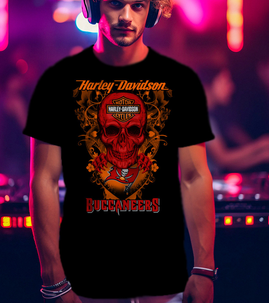 Harley Davidson Motor Cycles Buccaneers Tampa Bay Skull T-Shirt