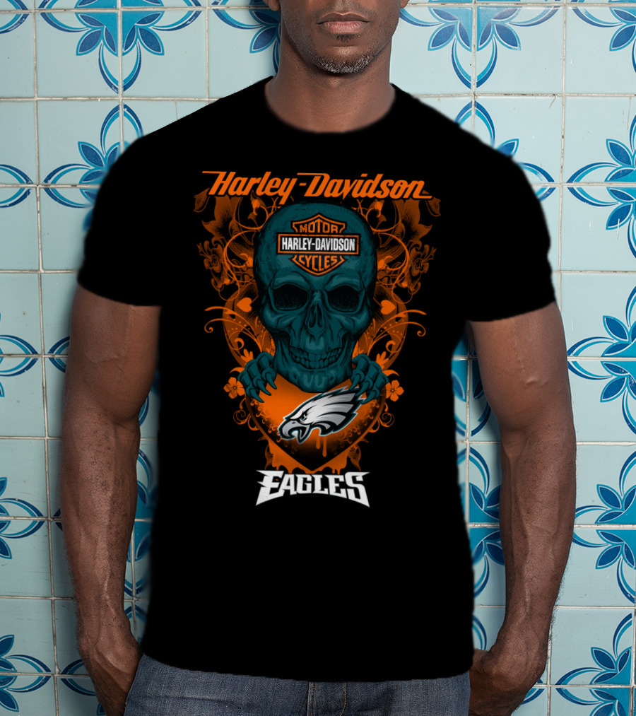 Harley Davidson Motorcycles Skull Philadelphia Eagles T-Shirt