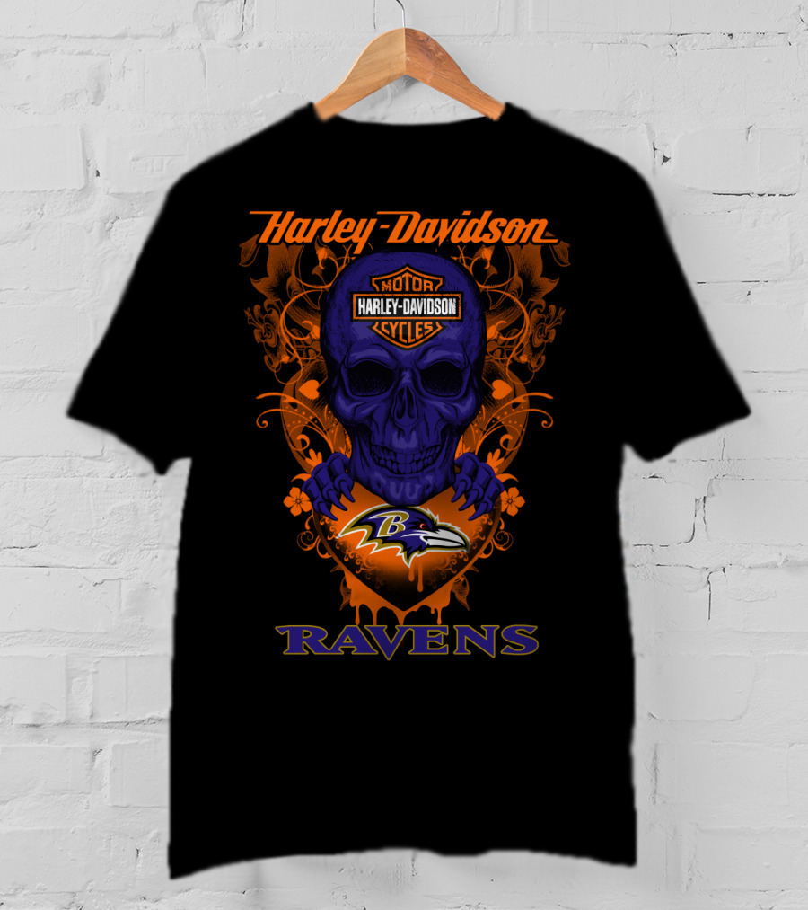 Harley Davidson Baltimore Ravens Skull Motor Cycles T-Shirt