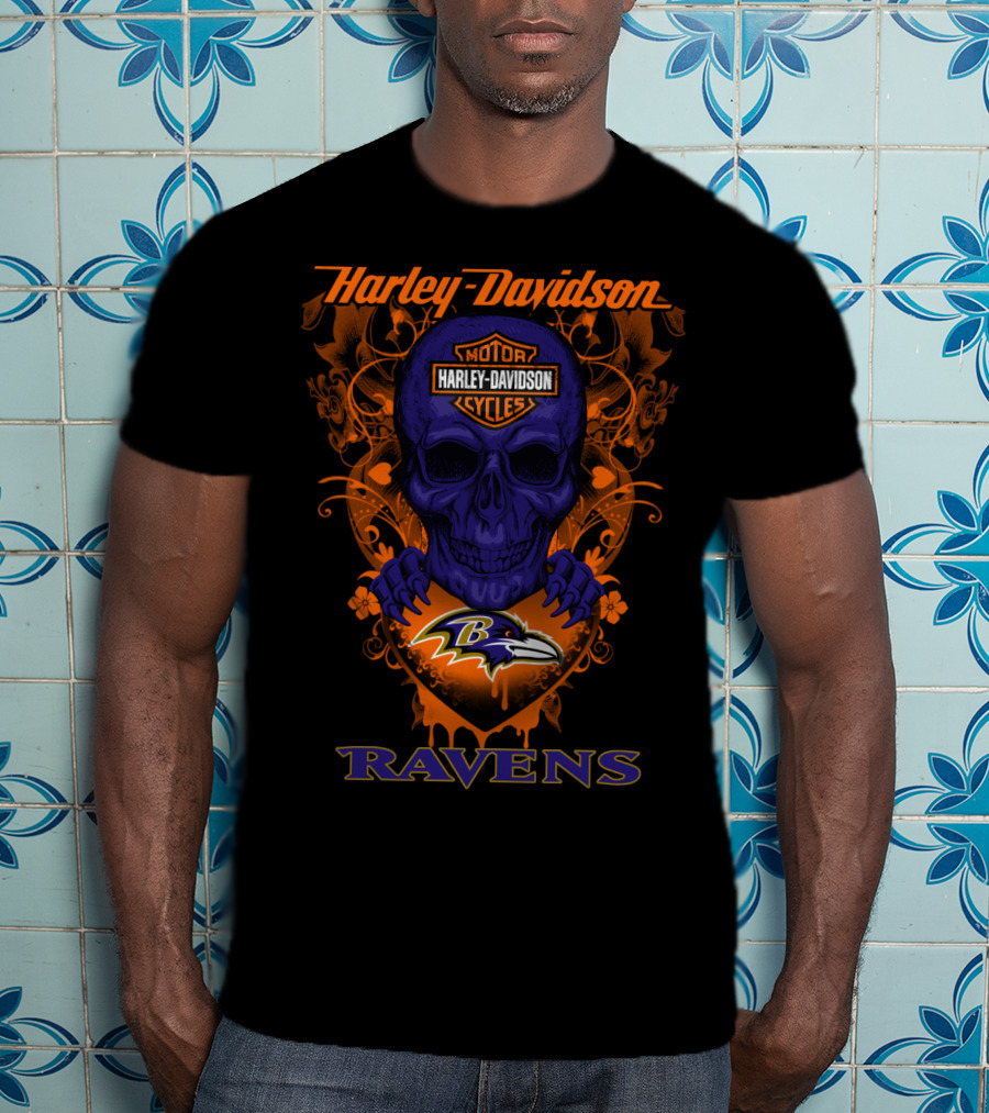 Harley Davidson Baltimore Ravens Skull Motor Cycles T-Shirt