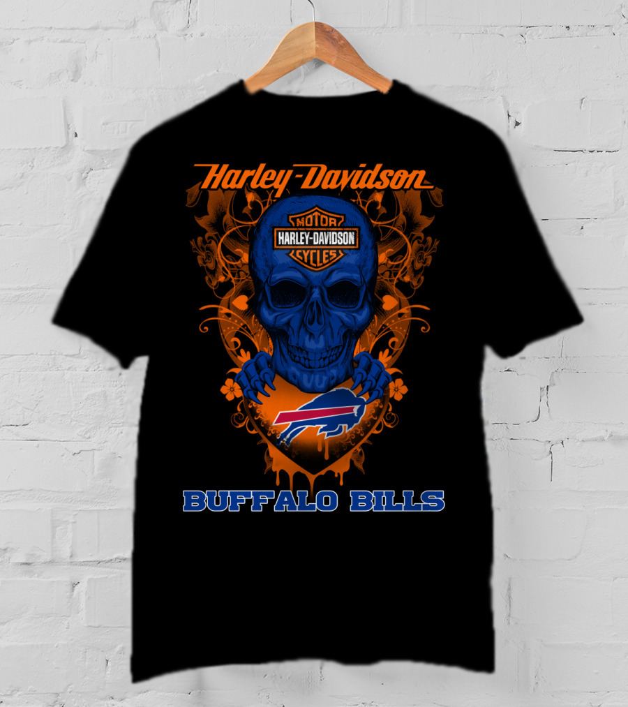 Harley Davidson Motorcycles Buffalo Bills Nfl Skull And Shield T-Shirt