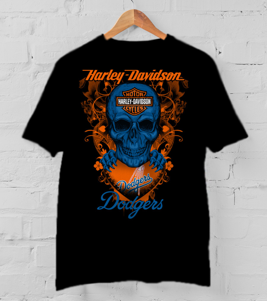 Harley Davidson Motor Cycles Skull Dodgers Los Angeles Baseball T-Shirt