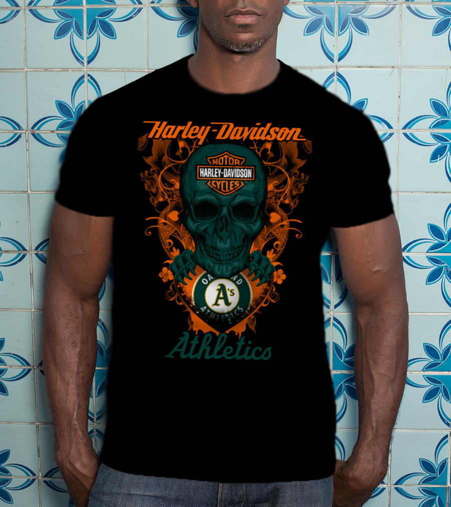Harley Davidson Motor Cycles Skull Oakland Athletics T-Shirt