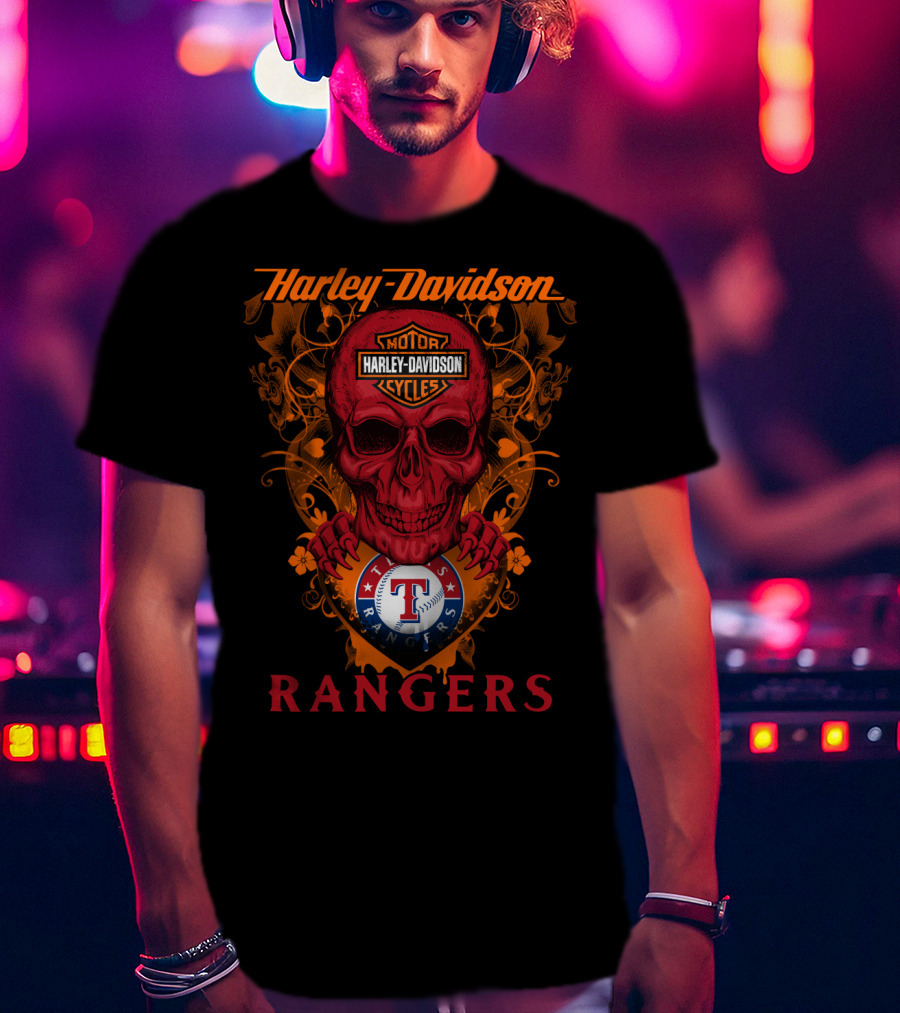 Harley Davidson Motor Cycles Skull Texas Rangers Mlb T-Shirt