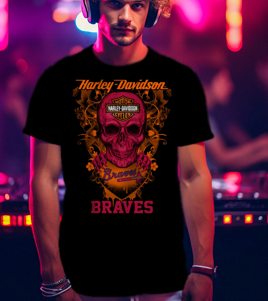 Harley Davidson Braves Skull Design With Motor Cycles T-Shirt