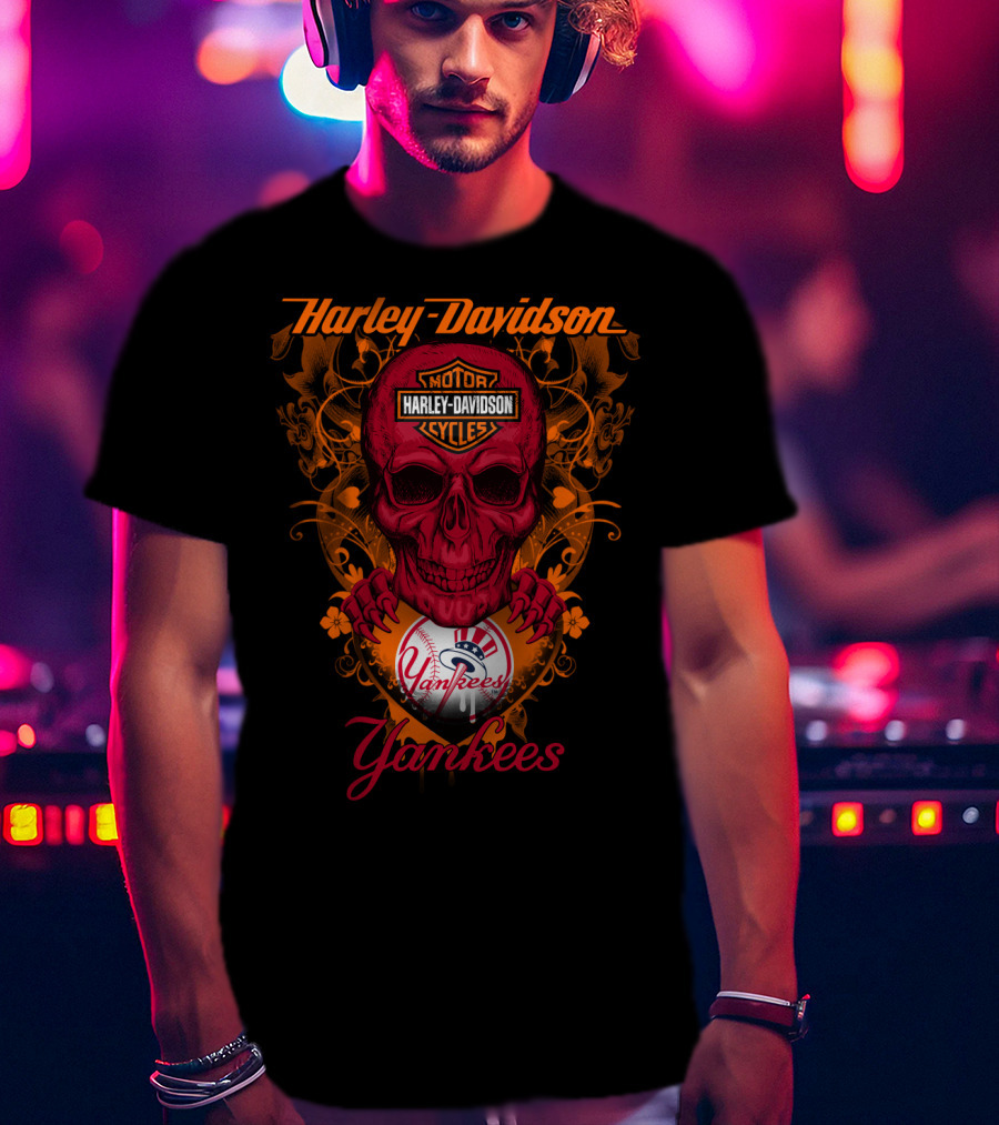 Harley Davidson Motor Cycles Skull Yankees T-Shirt