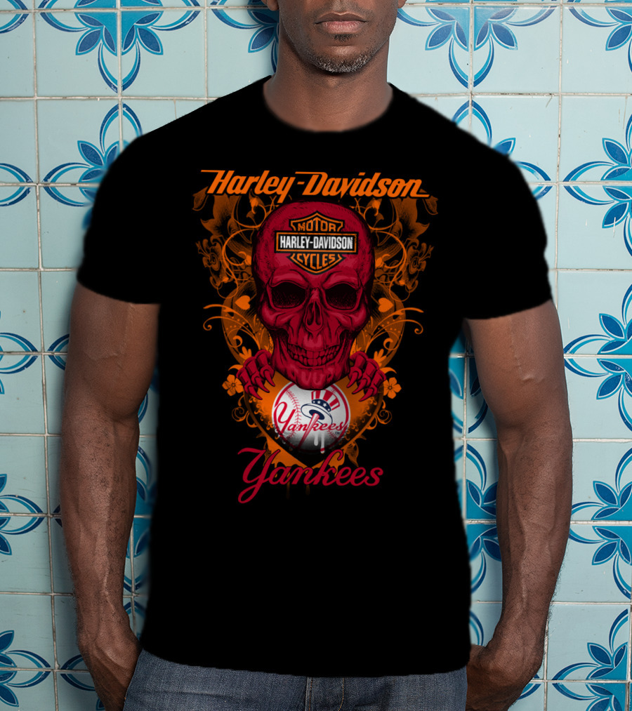 Harley Davidson Motor Cycles Skull Yankees T-Shirt