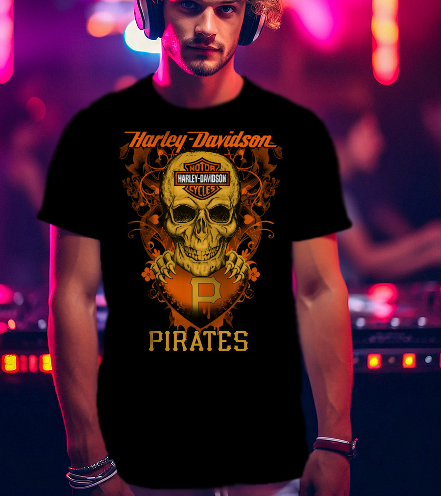 Harley Davidson Motor Cycles Skull Pittsburgh Pirates T-Shirt